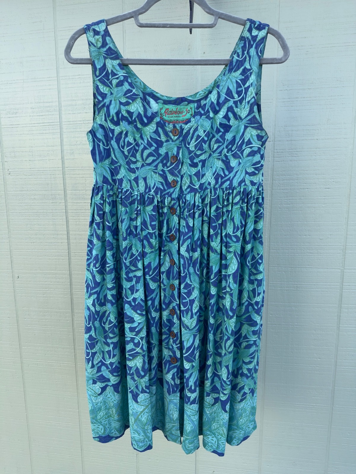 Rainbow Jo Blue Green Turtle Print Button Down Pleated Dress Size XS 17″x36″
