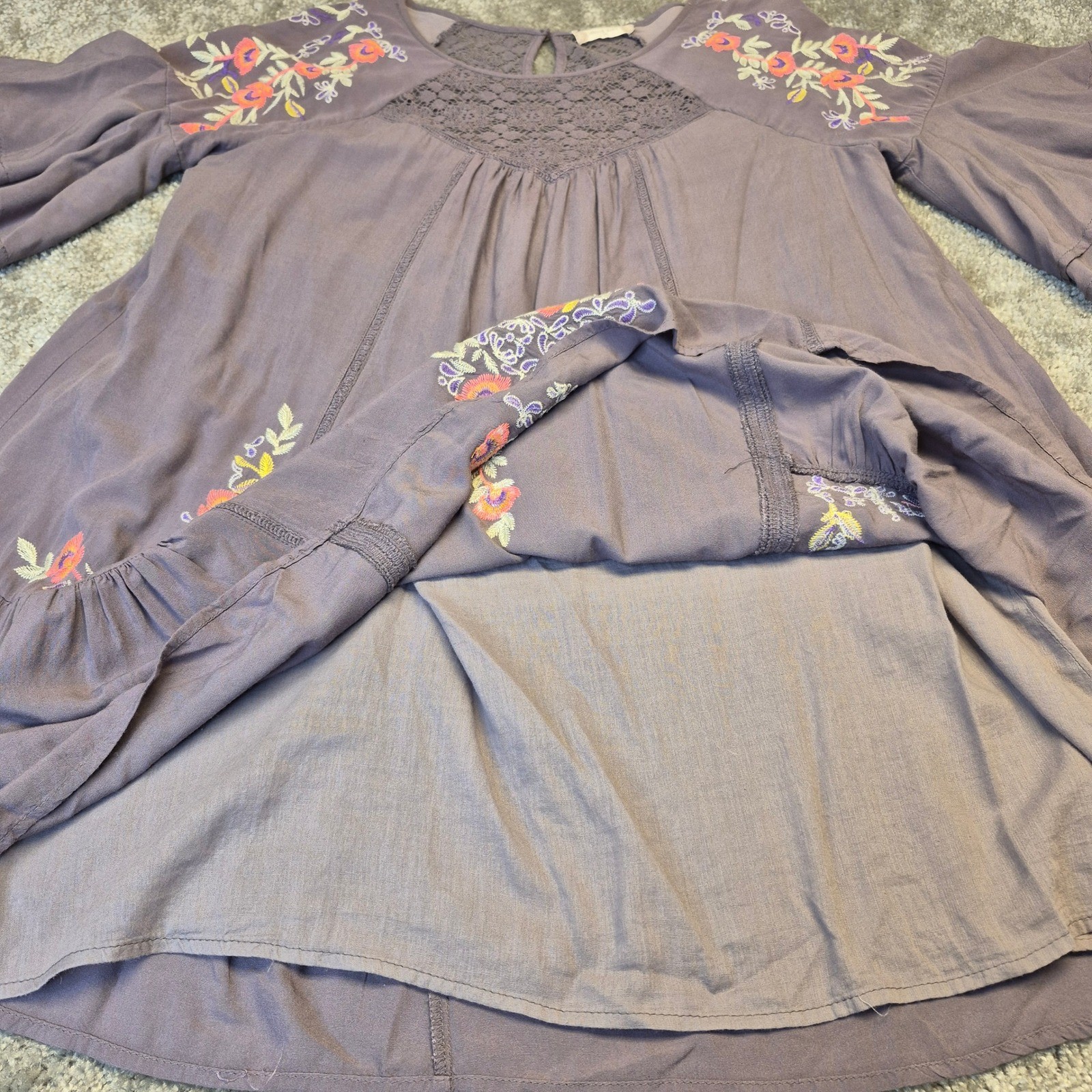 Altard State Womens Purple Floral Embroidered Boho Lace Bell Sleeve Dress M