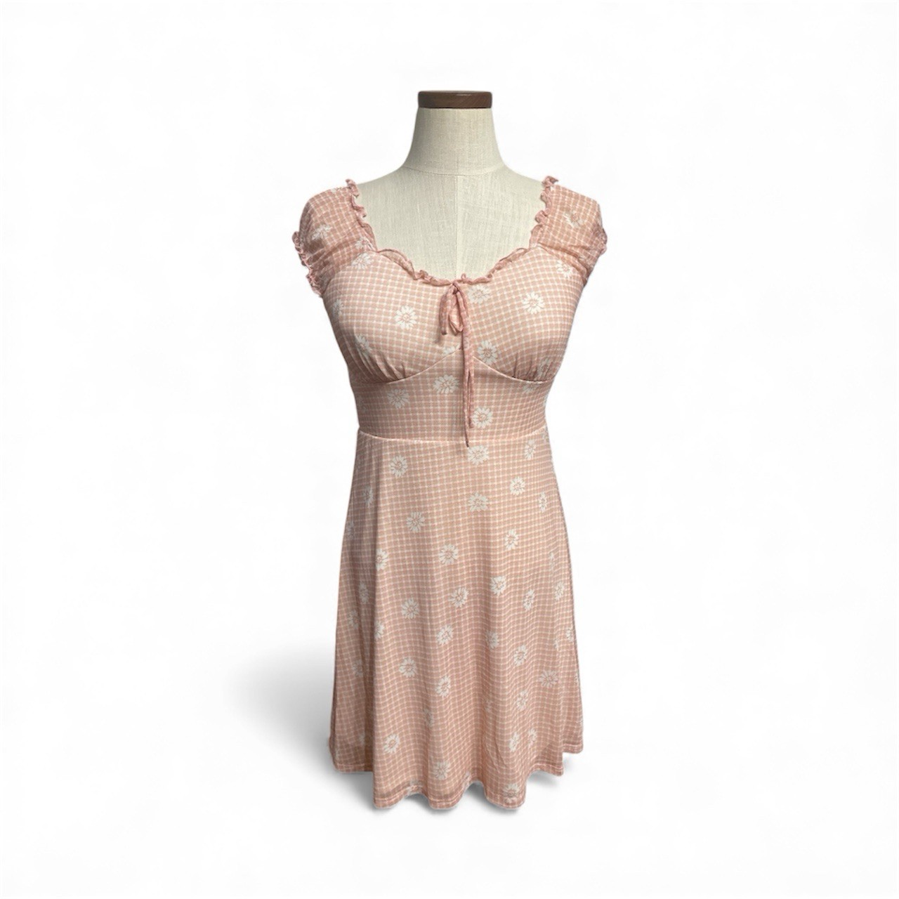 Pink Gingham Daisy Cottagecore Milkmaid Mini Dress Smocked mesh layered
