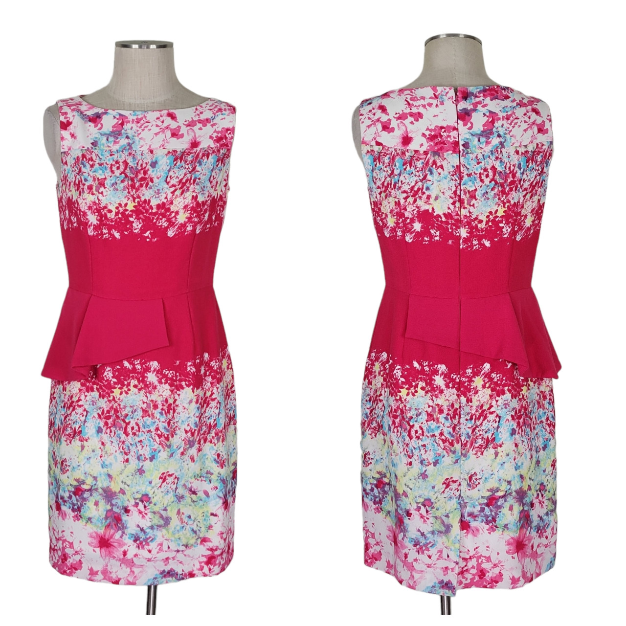 Antonio Melani Peplum Dress Size 6 White Pink Floral Sleeveless Back Zip Lined