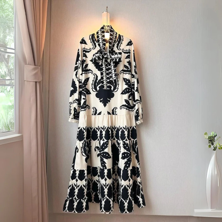 ZARA Black Ivory White Floral Maxi Ruffle Dress Puffy Sleeve Boho Art To Wear M