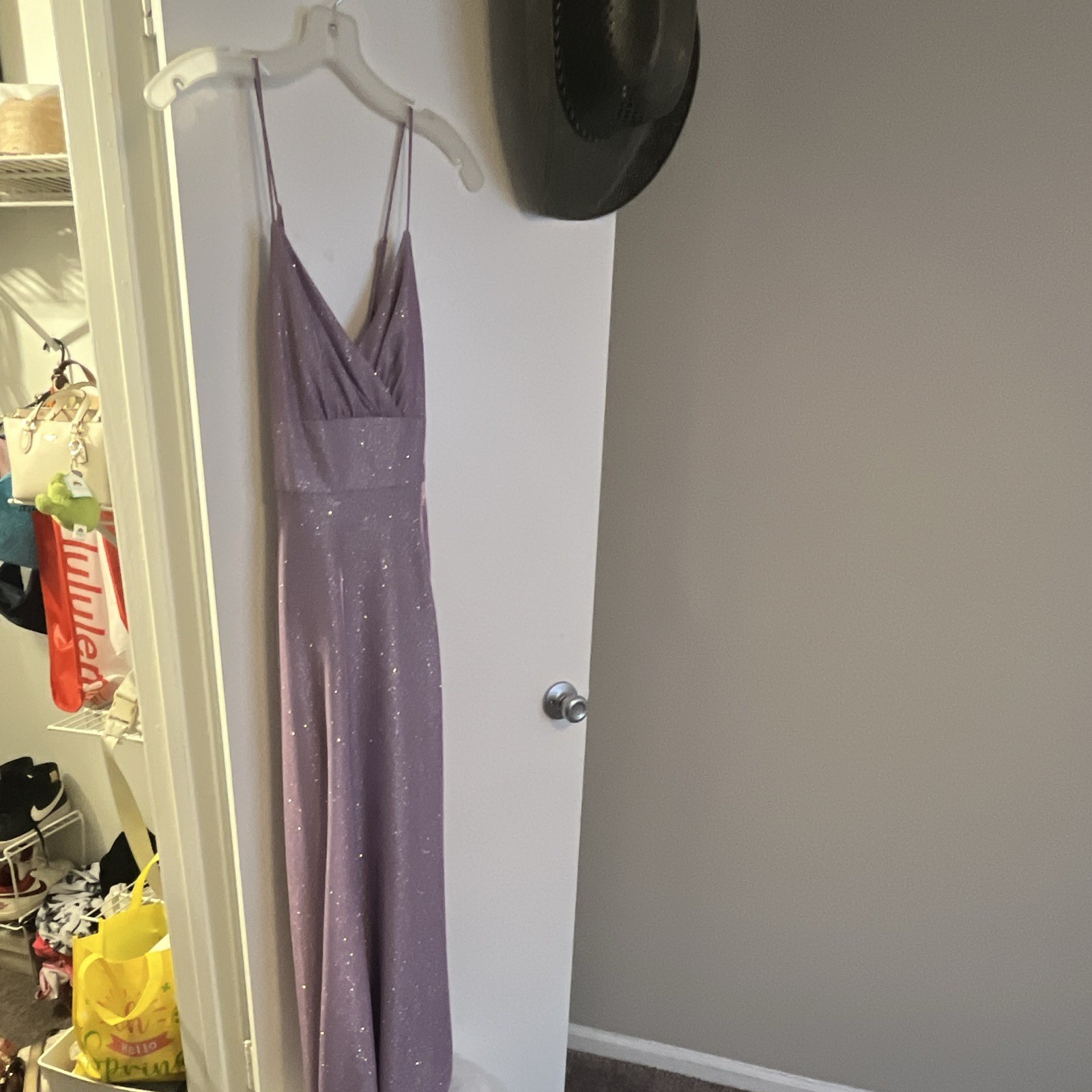 David’s Bridal size 10 Purple Glitter V-Neck Strappy Sleeveless Maxi Dress Slit