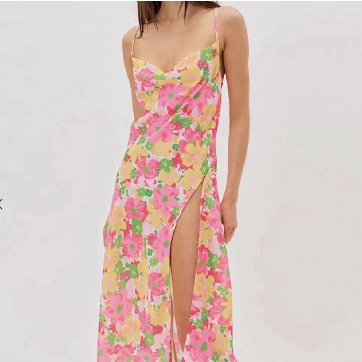 For Love & Lemons Pink & Yellow Floral Satin Cowl Neck High Slit Midi Dress XS