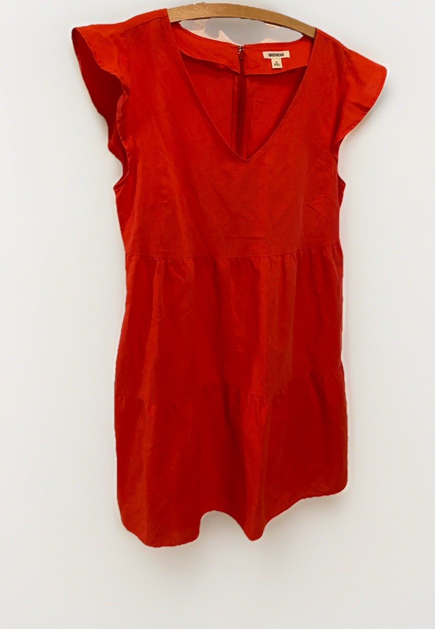 Goodthreads Linen Cotton Tiered Dress Women’s Medium Coral Red Flutter Sleeve