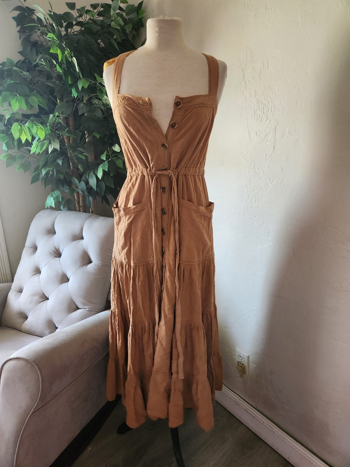 FREE PEOPLE FP BEACH LOVE Criss cross MAXI BOHO DRESS hippie tan brown