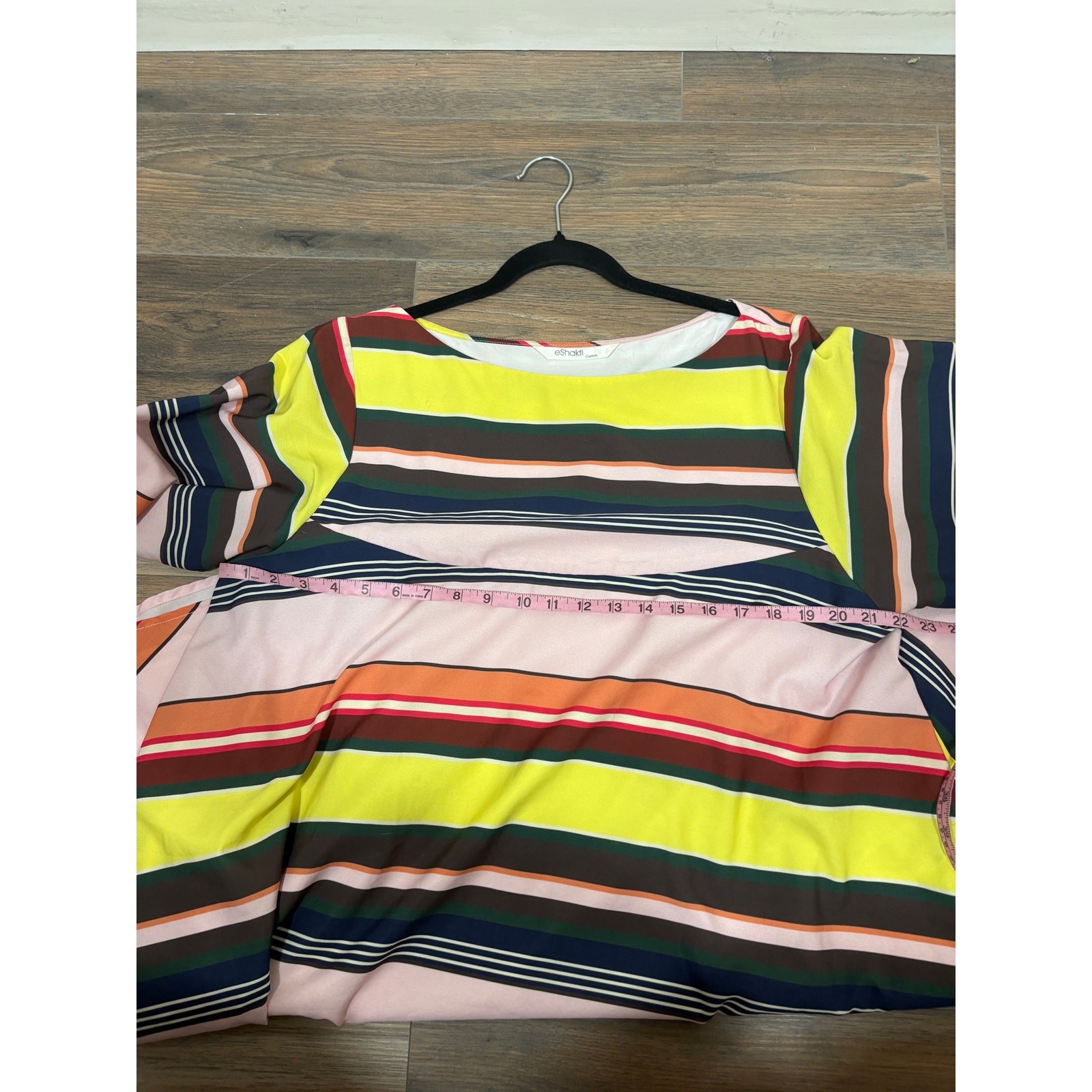 eShakti Striped Swing Dress Mini Yellow Brown Boat Neck Short Sleeves