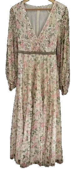 Mac Duggal Ivory Embellished Floral Print Faux Wrap A Line Dress Size 4 $498