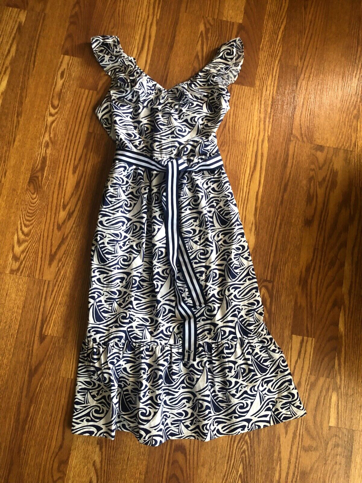 VINEYARD VINES TARGET Dress M Cotton NOVELTY BOAT Print RUFFLE Stripe GROSGRAIN