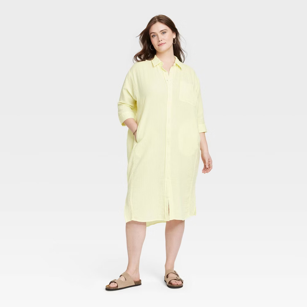 Universal Thread Women 3/4 Sleeve Midi Button Down Shirt Dress
