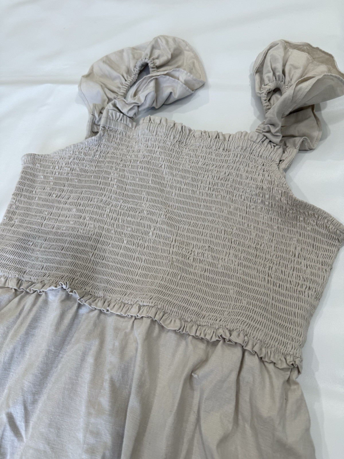 Chelsea28 Linen Blend Resort Smocked Dress Long Ruffle Sleeves Sz XL Khaki