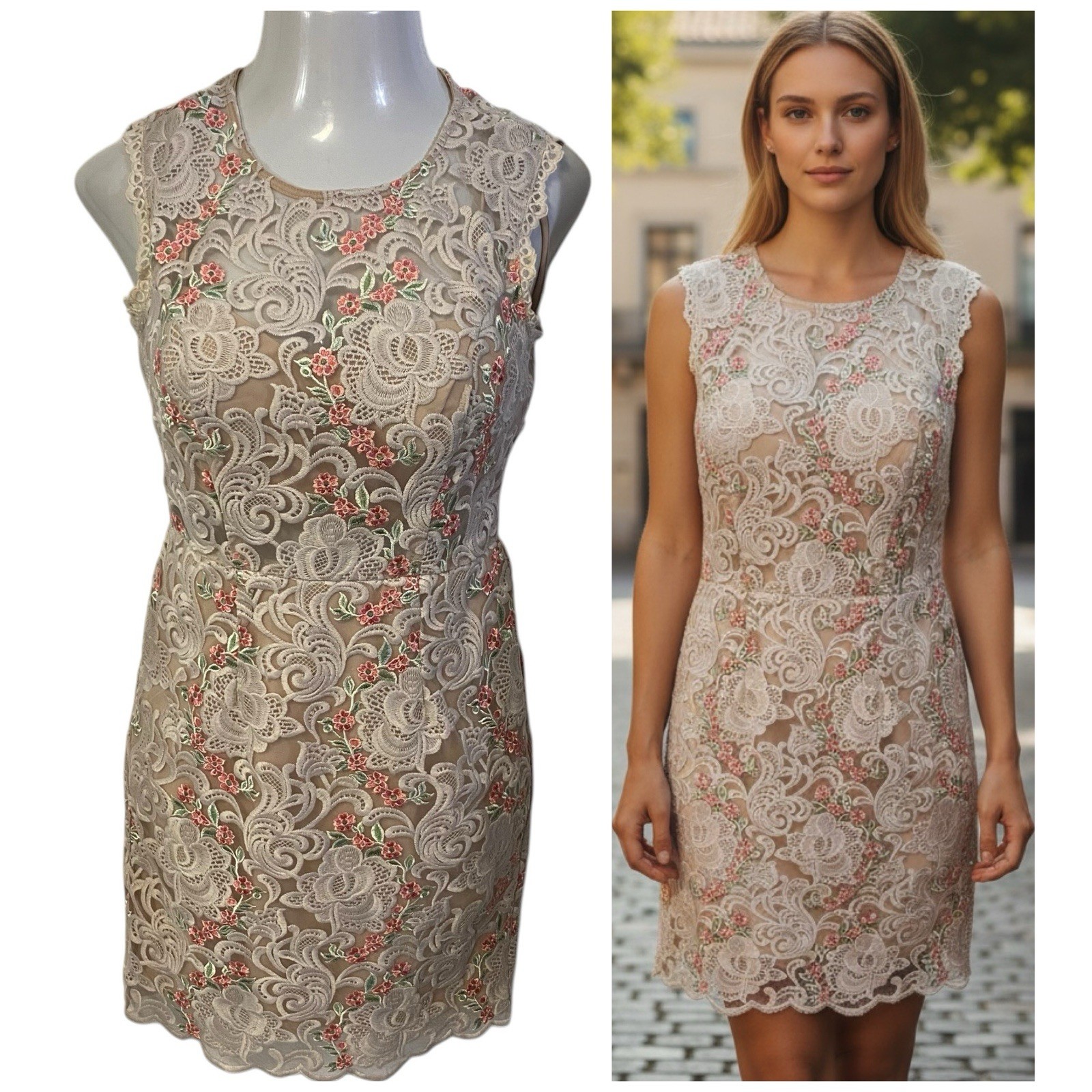 City Triangle Dress Womens Sz 8 Lace Illusion Tan Floral Office Church Elegant