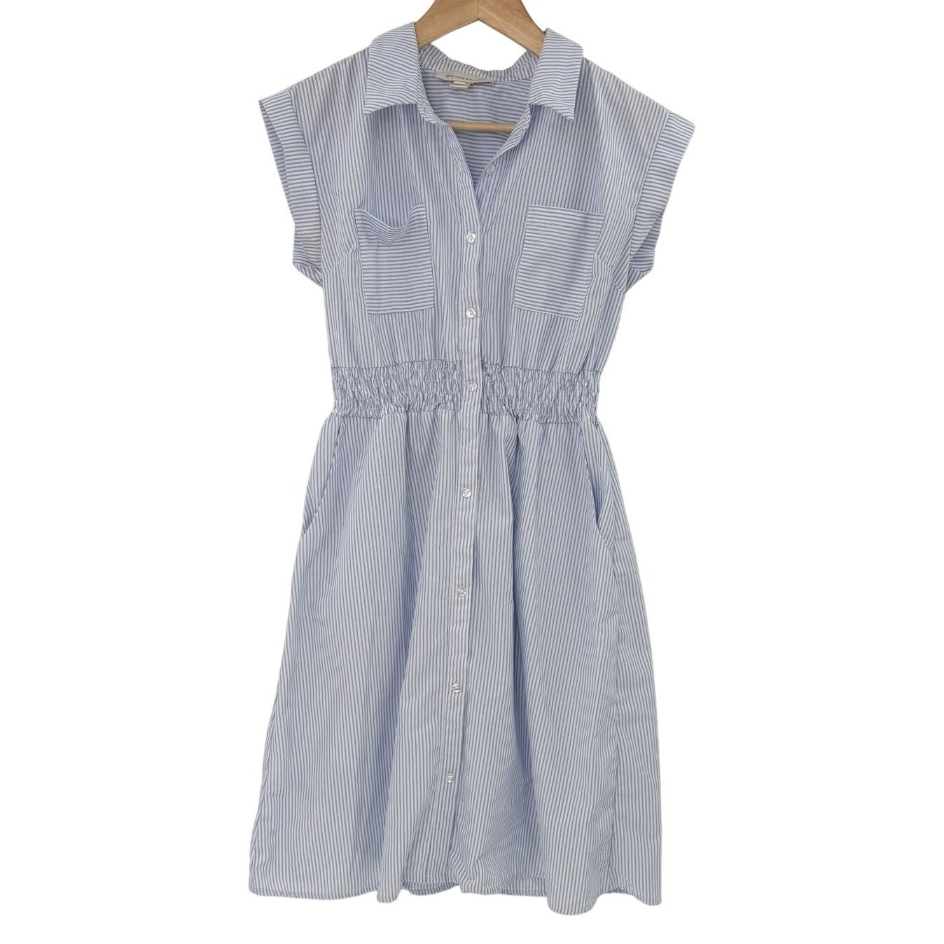 Monteau Los Angeles Blue White Striped Smocked Waist Shirt Dress Sz L Preppy