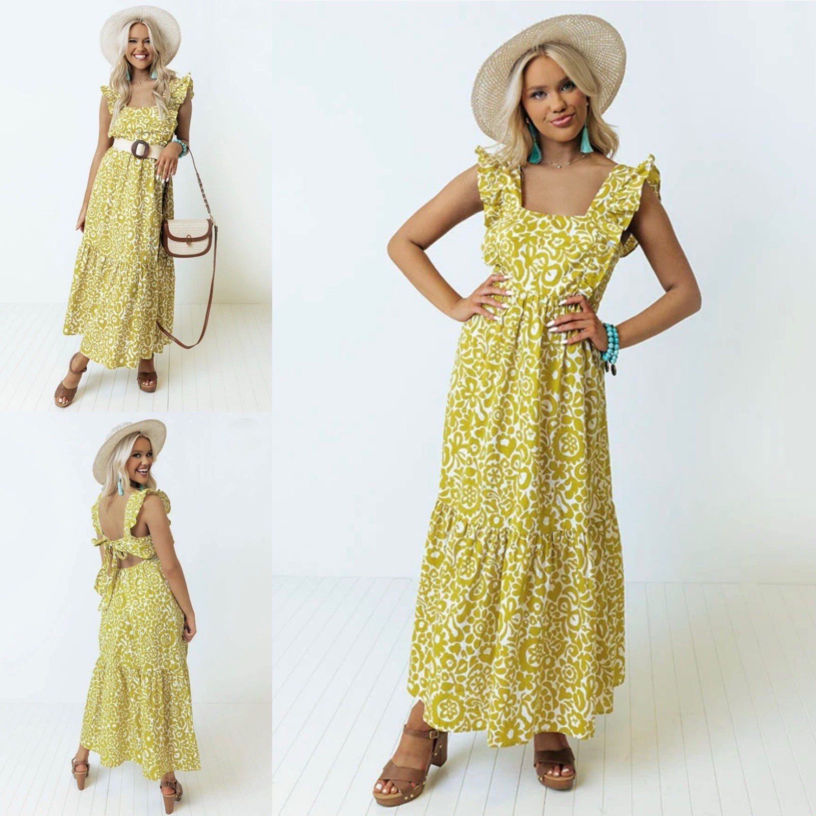 Chartreuse Boho Floral Cotton Midi Dress S Open Bow Back Ruffled Cottagecore NWT
