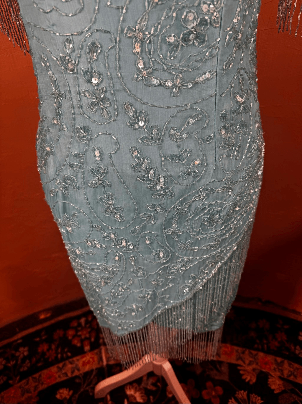 Vintage 1980s Aqua Blue Silk Beaded & Sequin Cocktail Dress Bead Fringe Sleeves