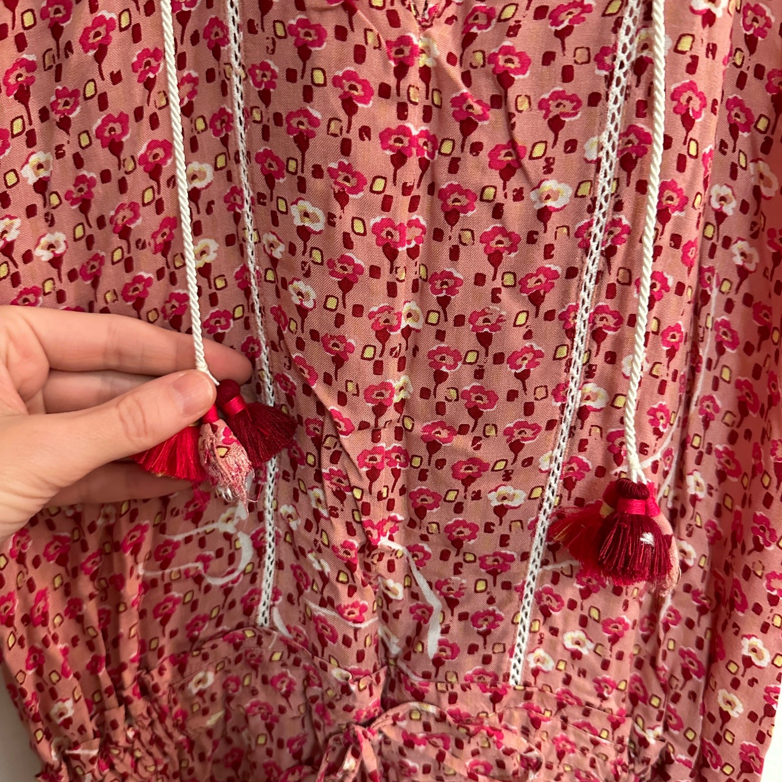 Poupette St Barth Clara Mini Dress Pink Floral Pom Tassel Resort Beach Ruffle XS