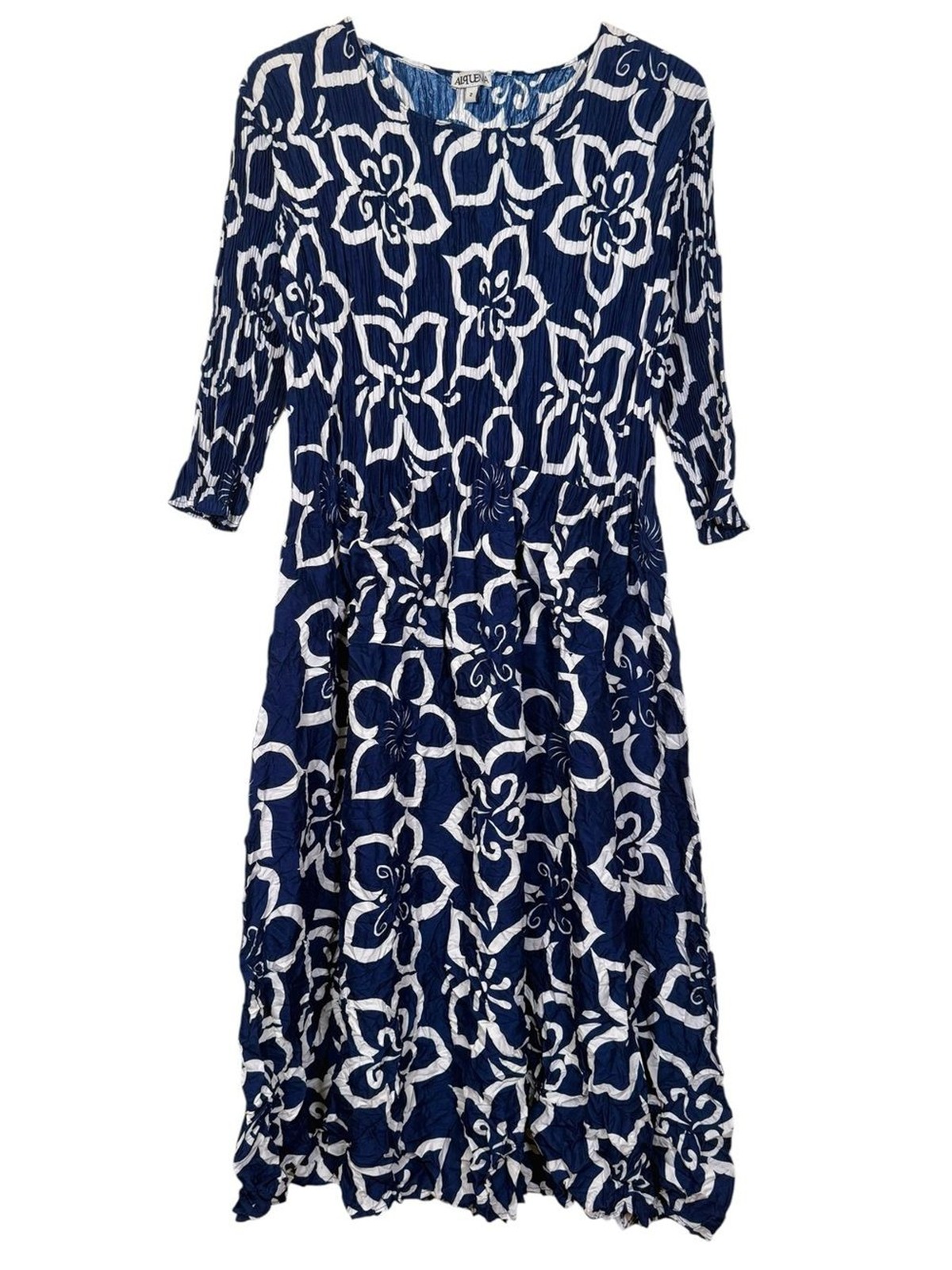 Alquema Size US 10-14 Smash Pocket 3/4 Sleeve Midi Dress Blue & White Floral