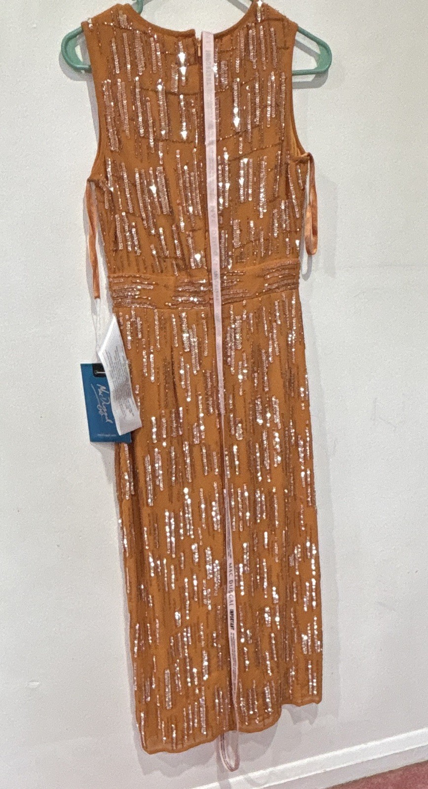 Mac Duggal Orange Beaded Sequin Geometric Sheath Midi Round Neck size 2