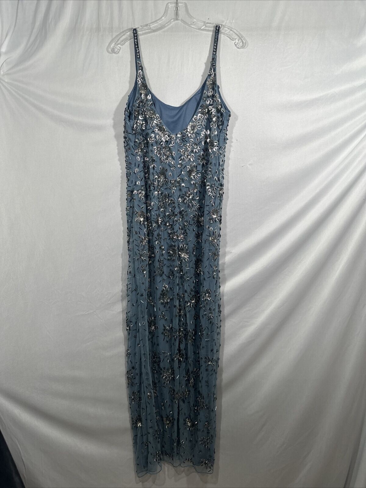 NWT Mac Duggal [ 14 ] 5477 Floral Embellished Scoop Neck Gown Slate Blue #S1657