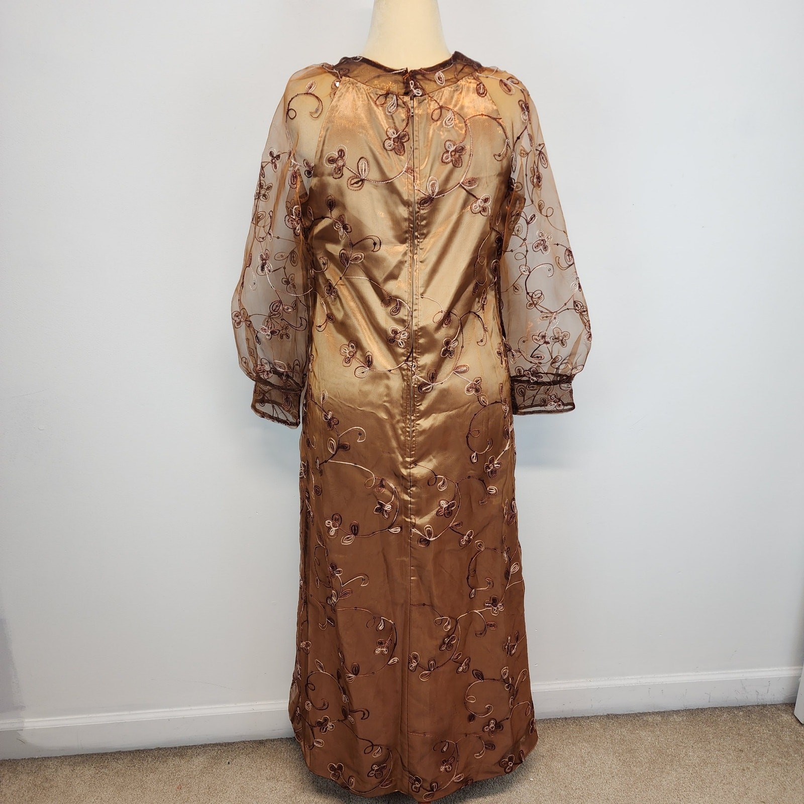Embroidered Regency Floor Length Dress Size L Brown Damask Taffeta Sheer Whimsy