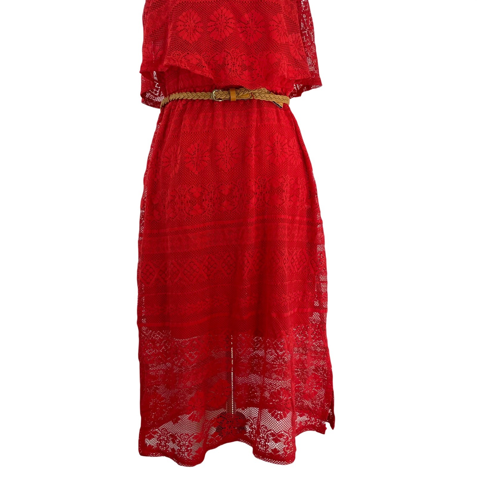 Charlotte Russe Size Medium Midi Dress Red Lace Flounce Belted Y2K Womens