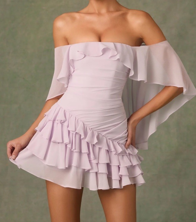 Oh Polly Birdie Off Shoulder Lilac Ruffle Chiffon Mini Dress UK 14 US 10 NWT