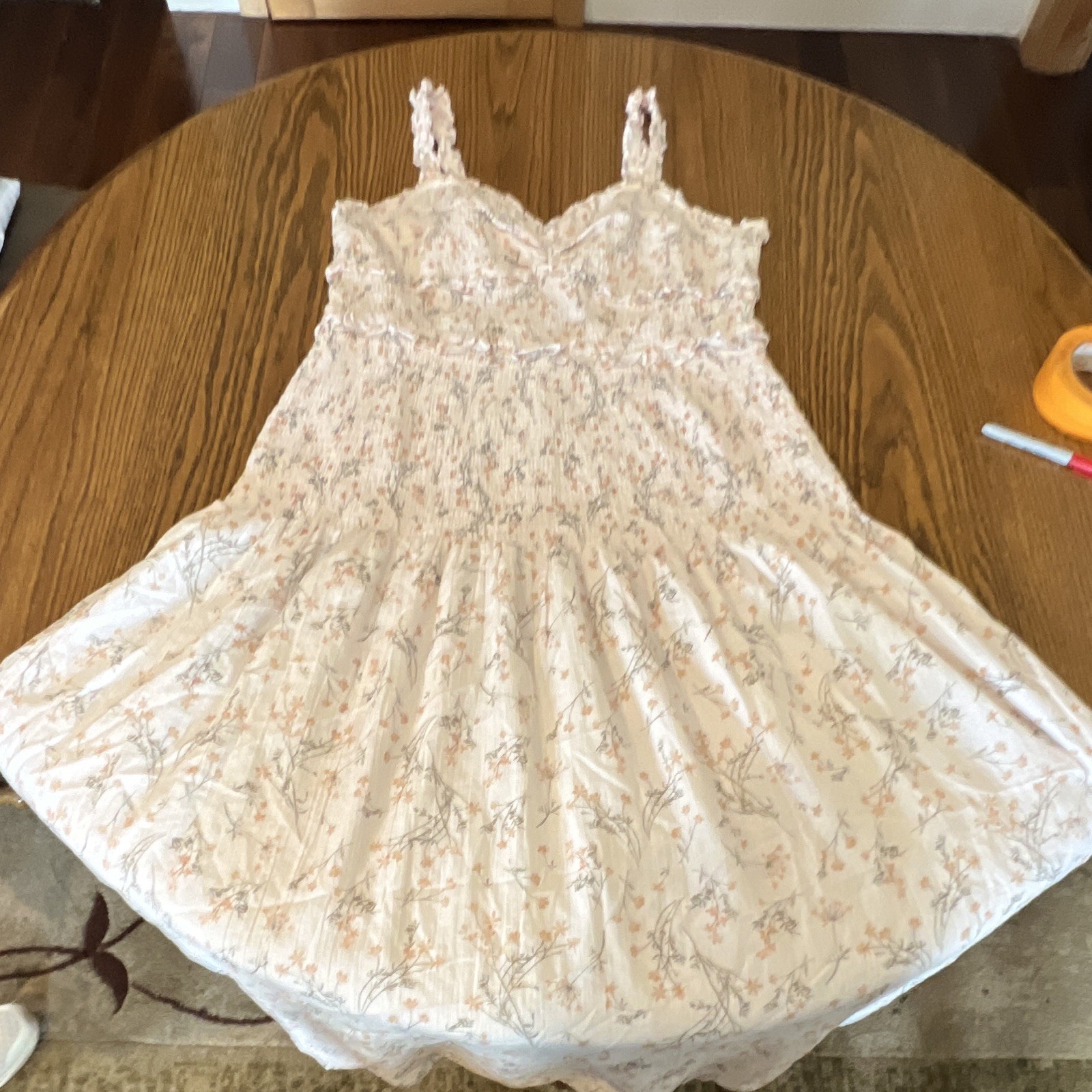 American Eagle XL White/Pink Floral Smocked Spaghetti Strap V-Neck Midi Sundress