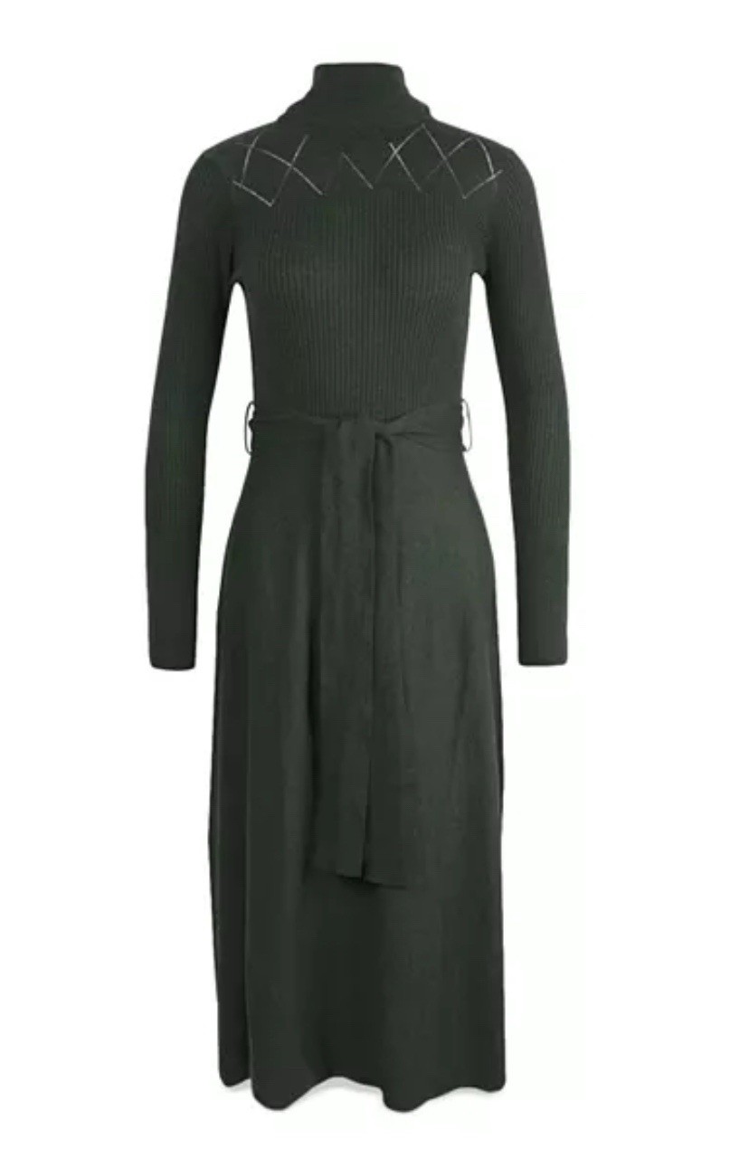 Barbour Laverne Midi Long Sleeve Knit Dress Dark Olive Green Sz US 6/ UK 10-EUC