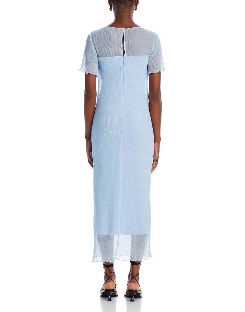 French Connection Saskia Ruched Blue Mesh Sheer Maxi Dress XS Crew Neck Zip