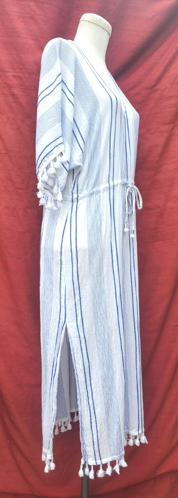 LULUS white & blue striped pullover maxi Dress medium TASSLES tied waist cotton