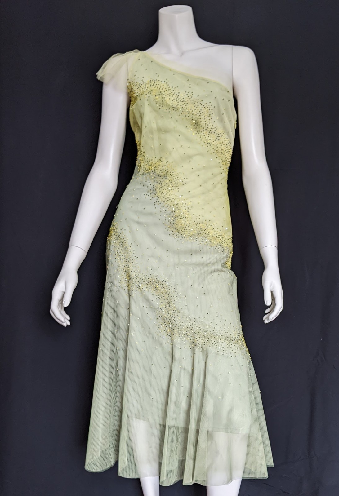 Y2K BCBG layers tulle flounce beads lime green dress 2 NWoT
