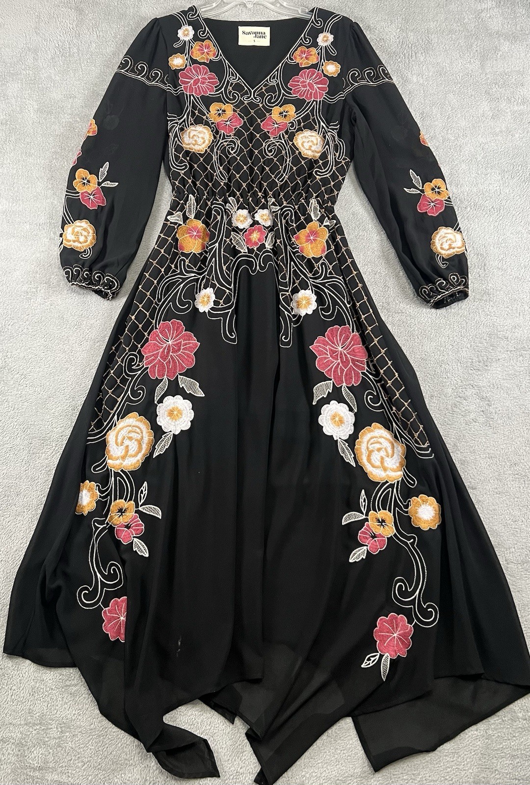 Savanna Jane Womens S Floral Embroidered Maxi Dress Handkerchief Hem Castlecore