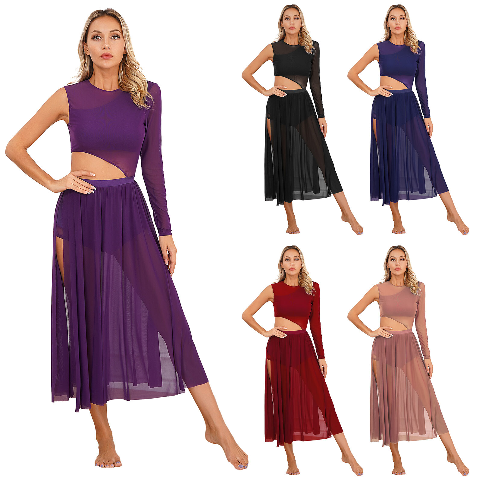 Womens Lyrical Dance Costume Side Split Figure Skating Dresses Round Neck