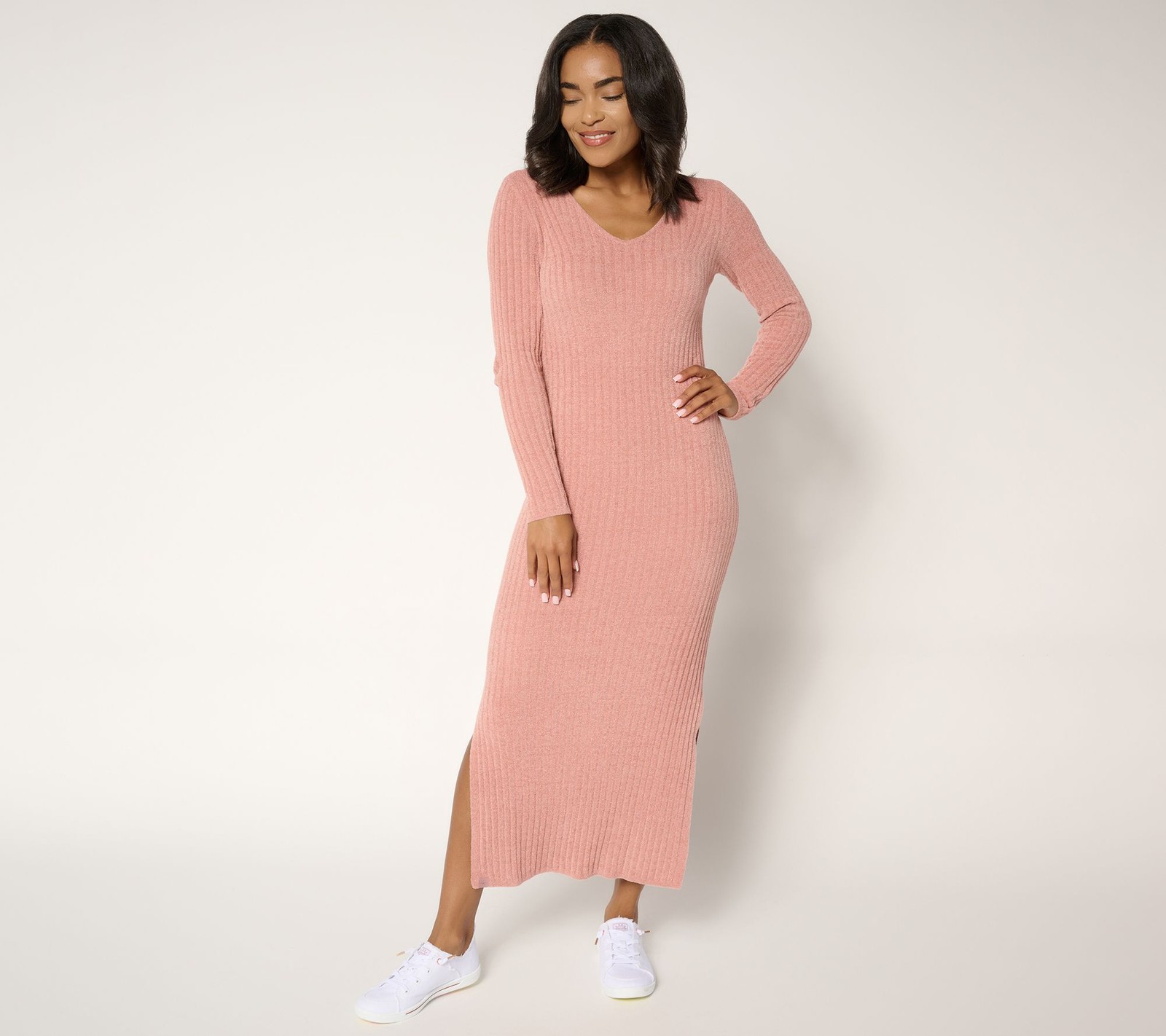 Barefoot Dreams Regular CozyChic Ultra Lite Long Sleeve V Ribbed Dress Wild Rose