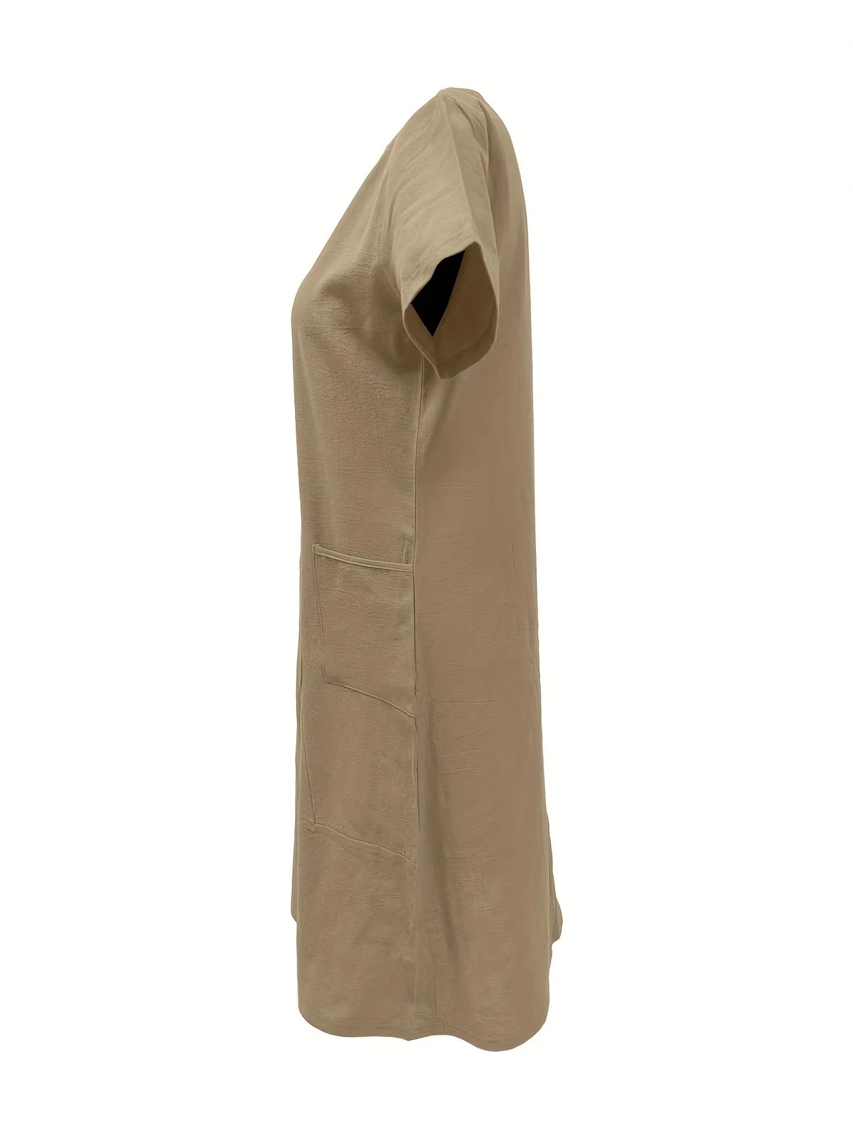 Women Round Neck Short Sleeve Double Pocket Loose Cotton Linen Knee Length Dress