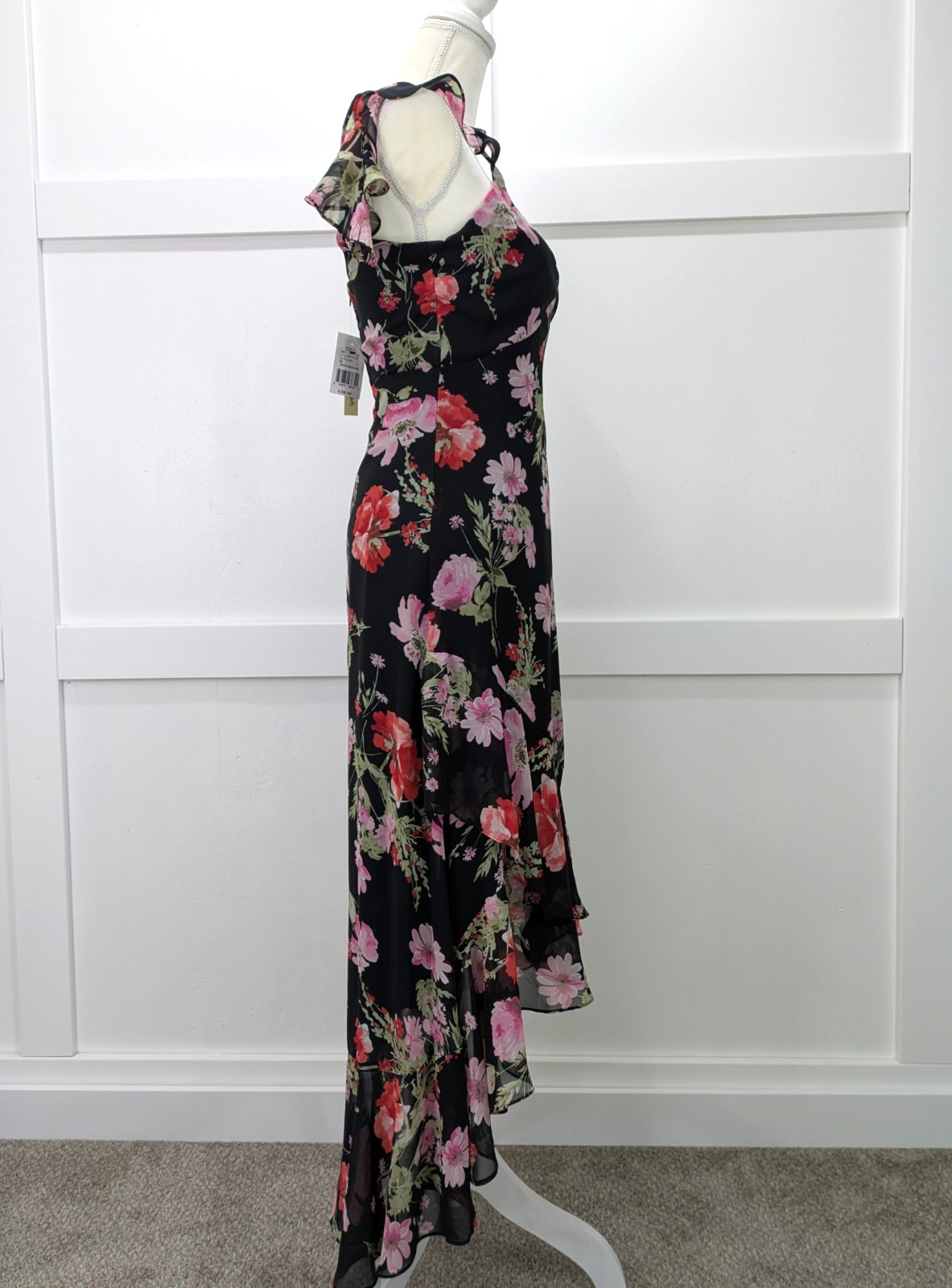 Speechless Black Pink Floral Ruffled Hem High Low Maxi Cold Shoulder Dress Sz M