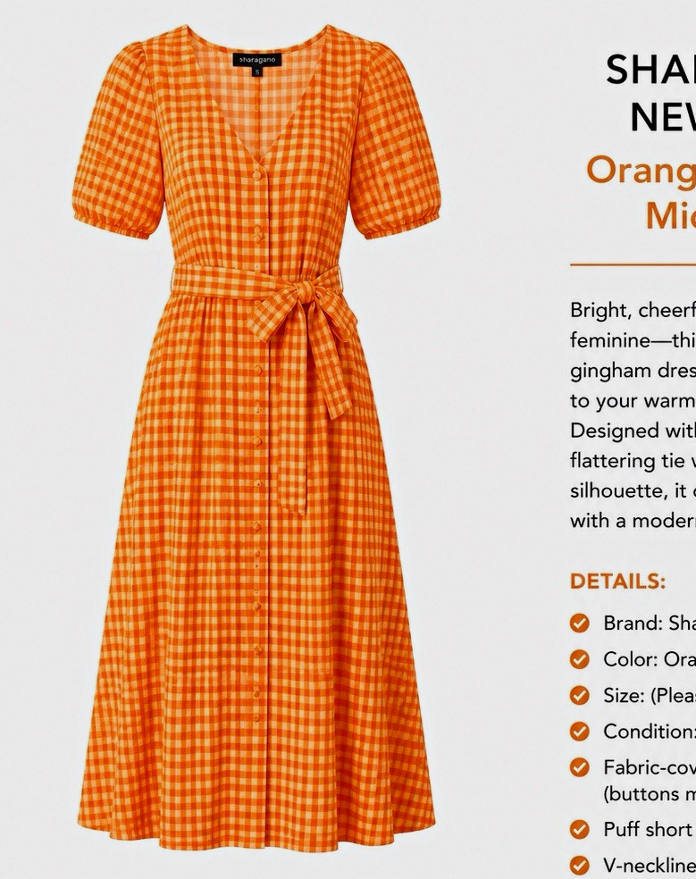 Sharagano New York Orange/White Gingham V-Neck Puff Sleeve Midi Dress S