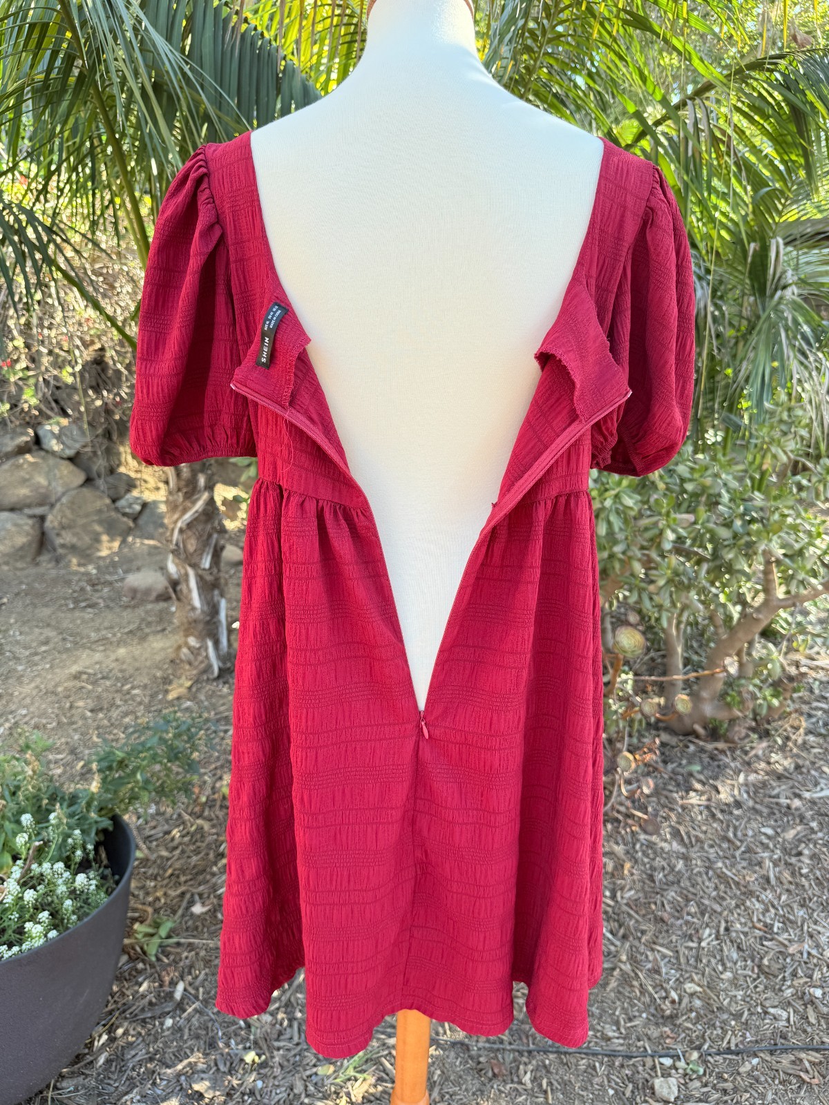 Babydoll Boho Puff Sleeve Smocked Cottagecore Mini Dress Red Size XL Textured