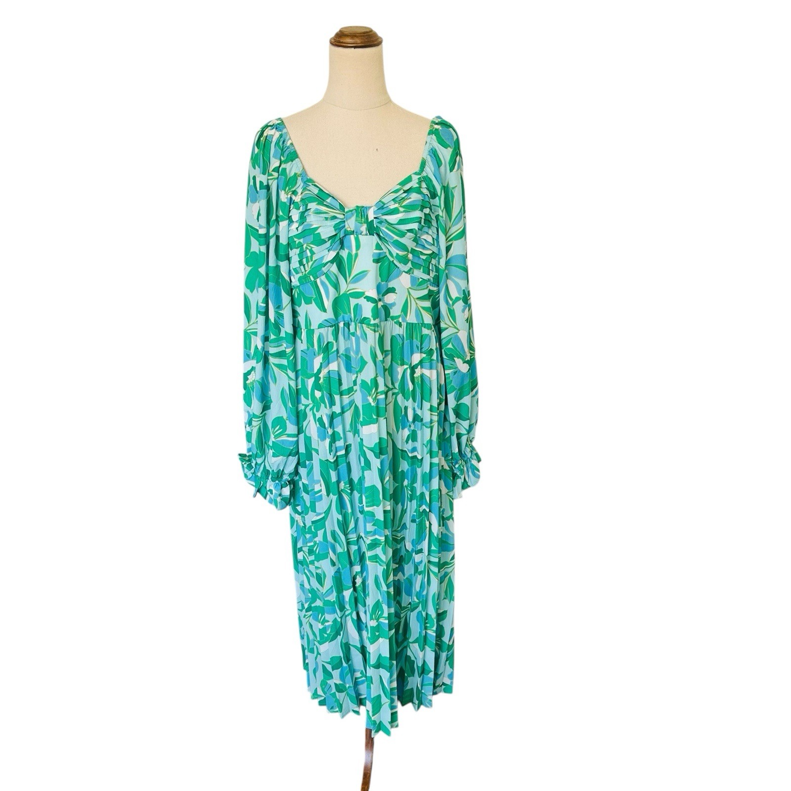 Proud Poppy Sz 14 Green Blue Floral Pleated Long Sleeve Midi Dress Party Boho