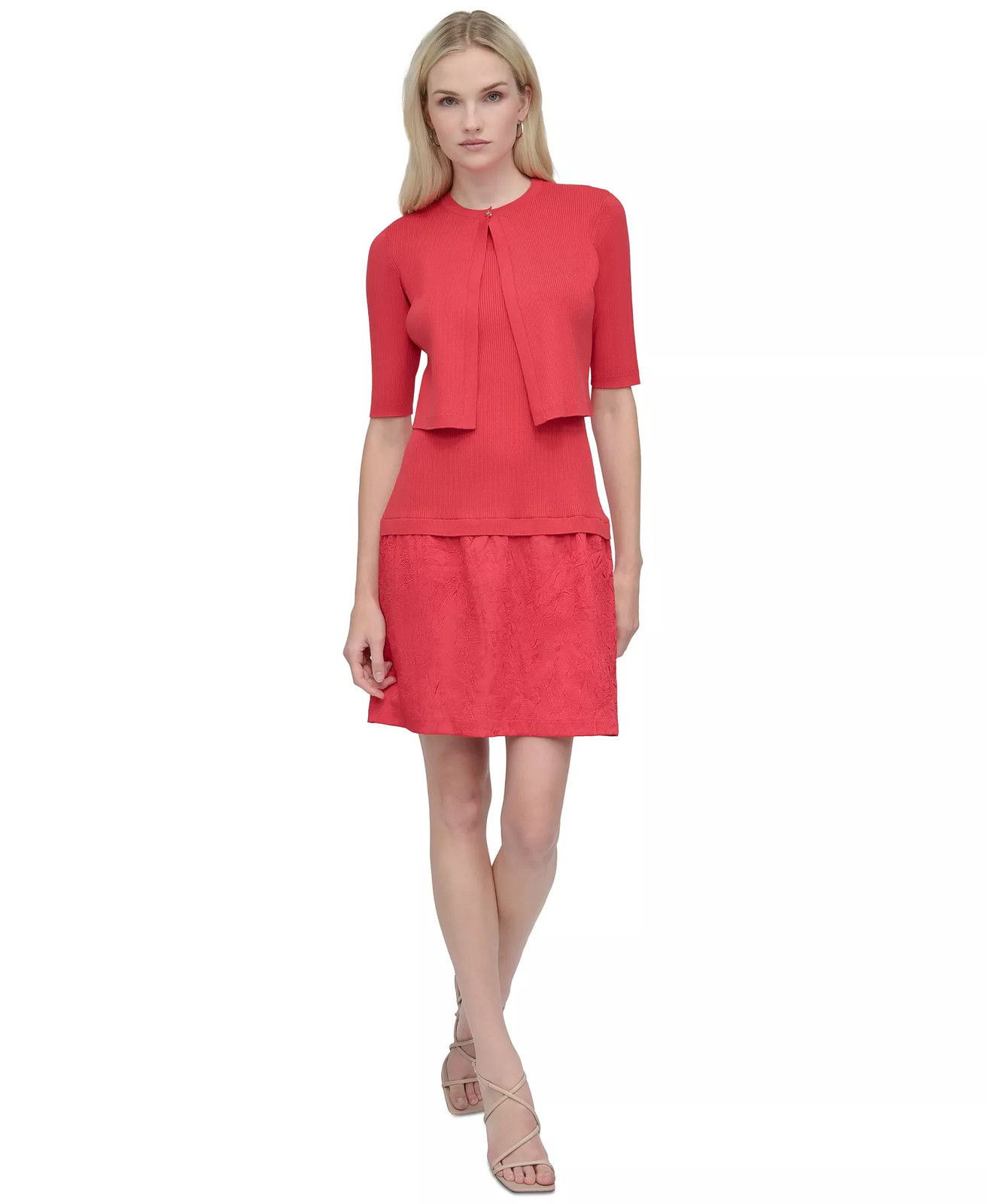 DKNY Cardigan Dress Small 2-Piece Set Sheath Sleeveless Watermelon Pink NWT $169