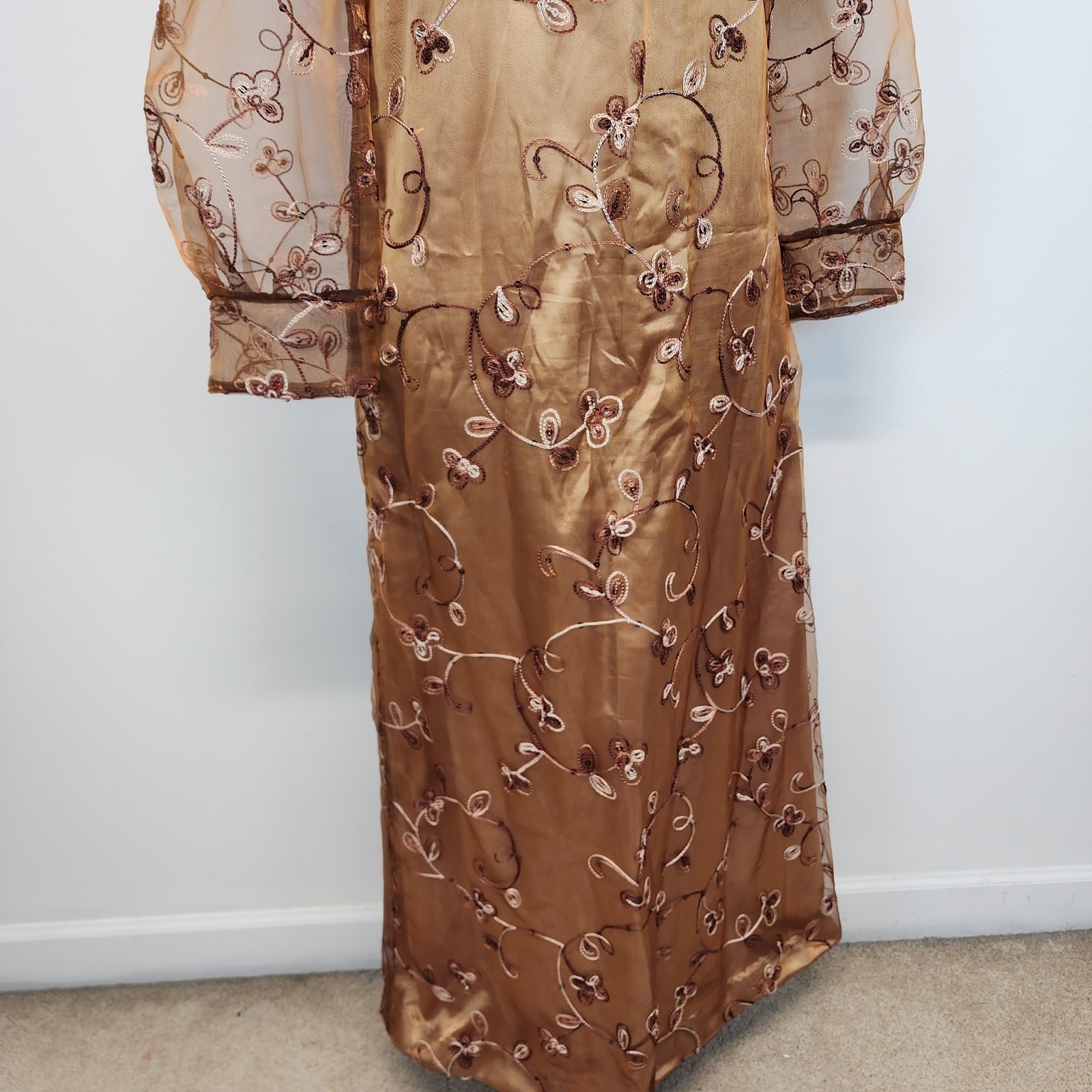 Embroidered Regency Floor Length Dress Size L Brown Damask Taffeta Sheer Whimsy