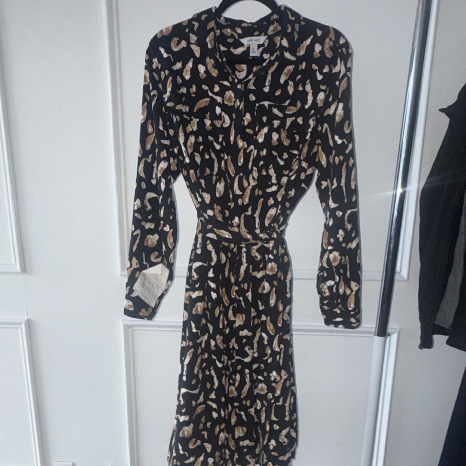 Nine West Black Brown Beige Abstract Shirt Dress XL Knee Long Sleeve Women