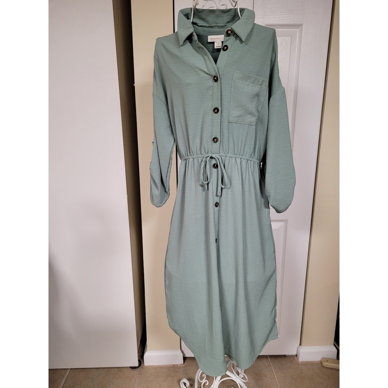 Monteau Los Angeles Sage Green Button Down Shirt Dress Drawstring Waist Size M