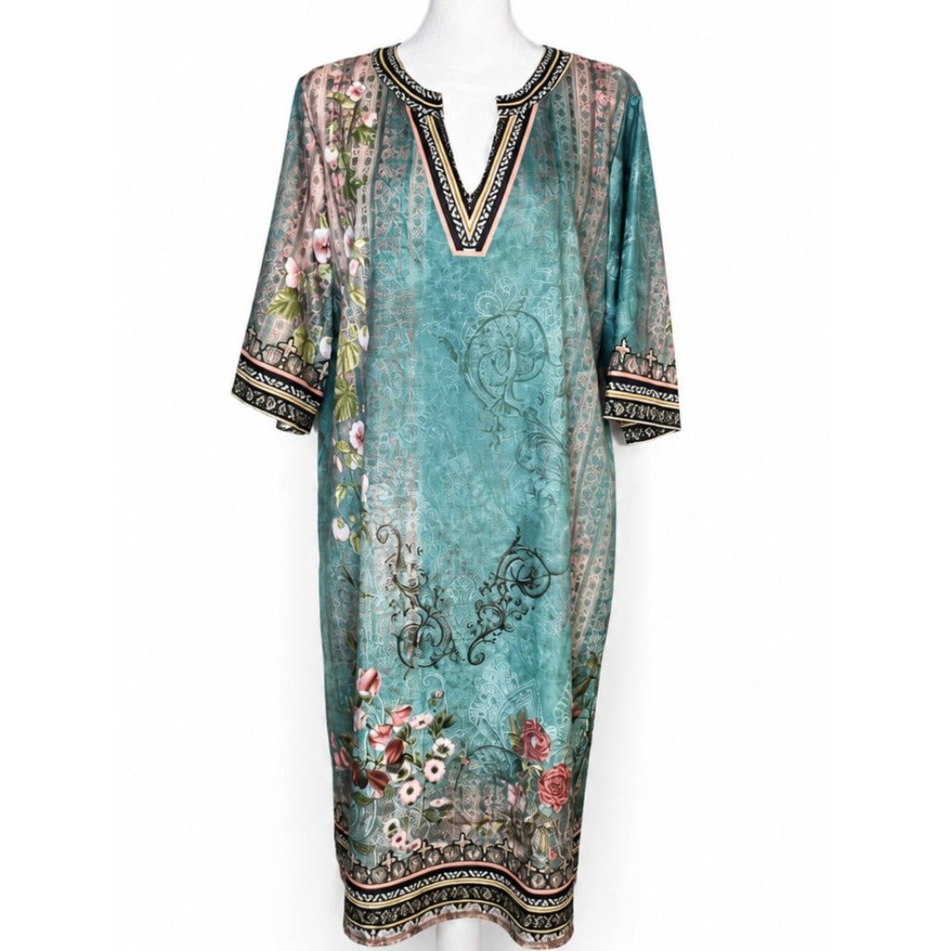 Clarante Linda Boho Floral Tunic Dress Climbing Vine Baroque Print Aqua Large