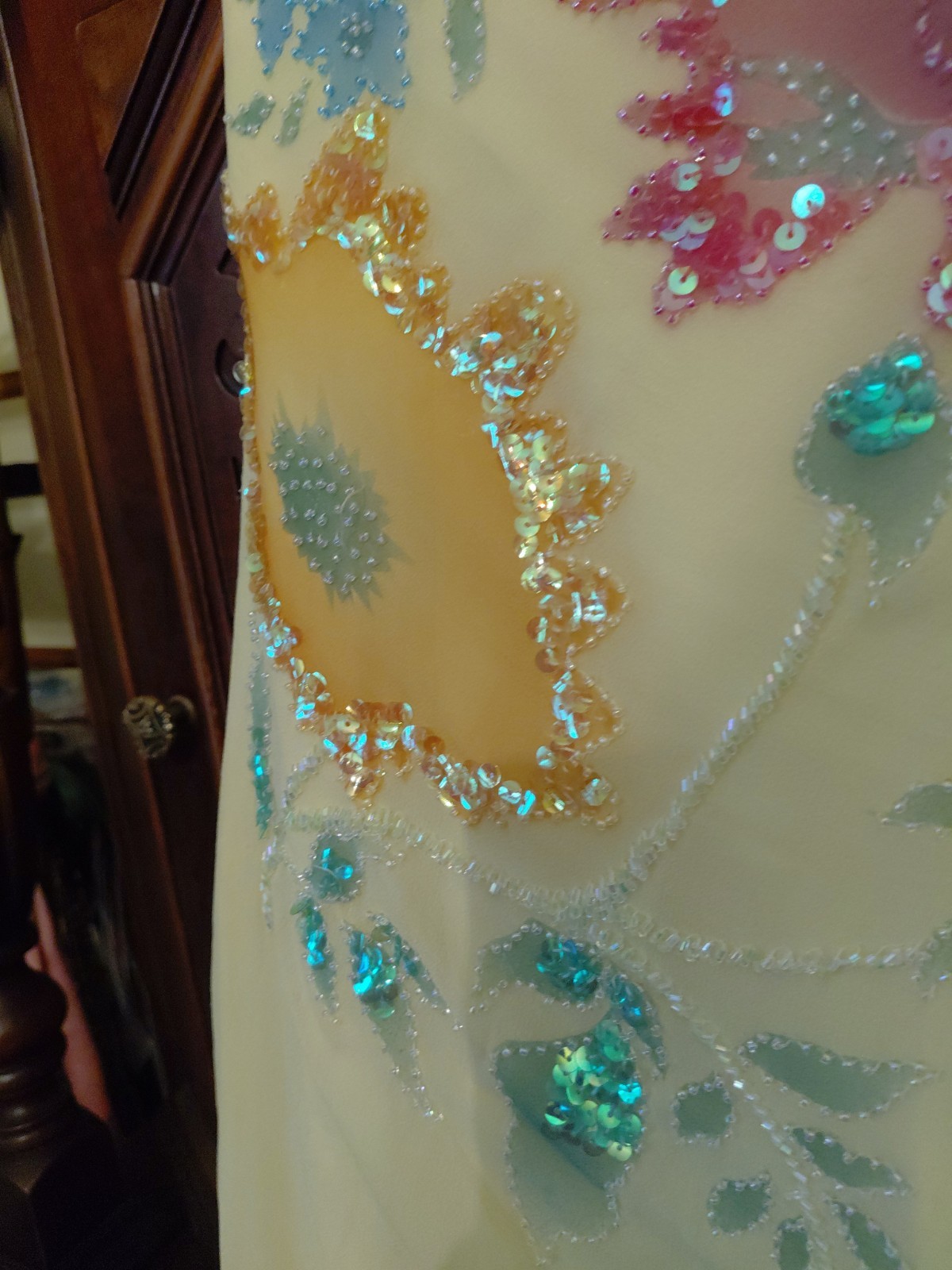 Vintage Cache Yellow Dress Maxi Beaded Floral Gown 2 S Silk Y2K Glam Evening