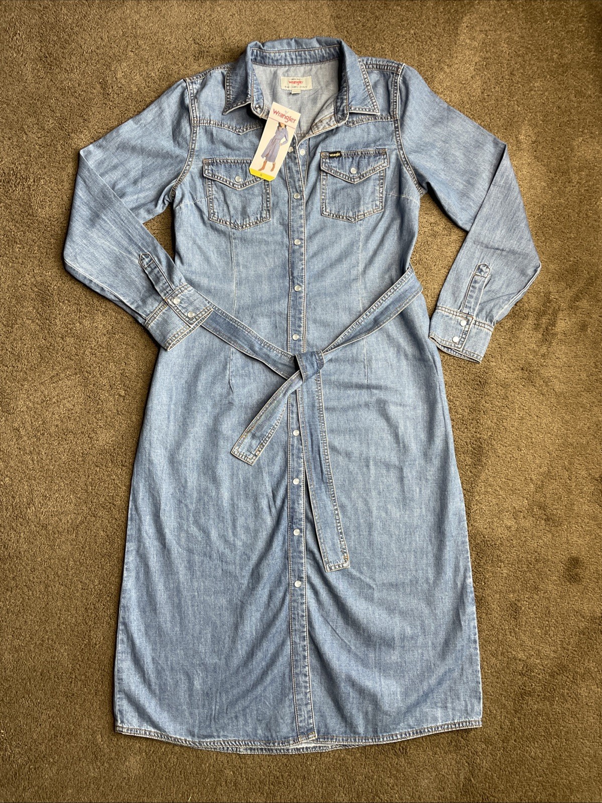 Wrangler Belted Denim Midi Dress Size-S Blues- Jean Dress- NWT- Two Side Pockets