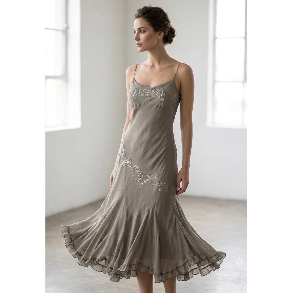 Y2K An’ge Intuition Silk Beaded Paisley Embroidery Slip Dress Sage Green Size XS