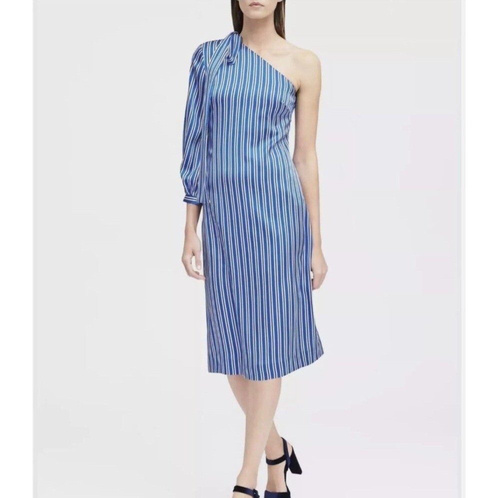 New Banana Republic Women’s One-Shoulder Stripe Bow Midi Dress size 10 Blue/Whit