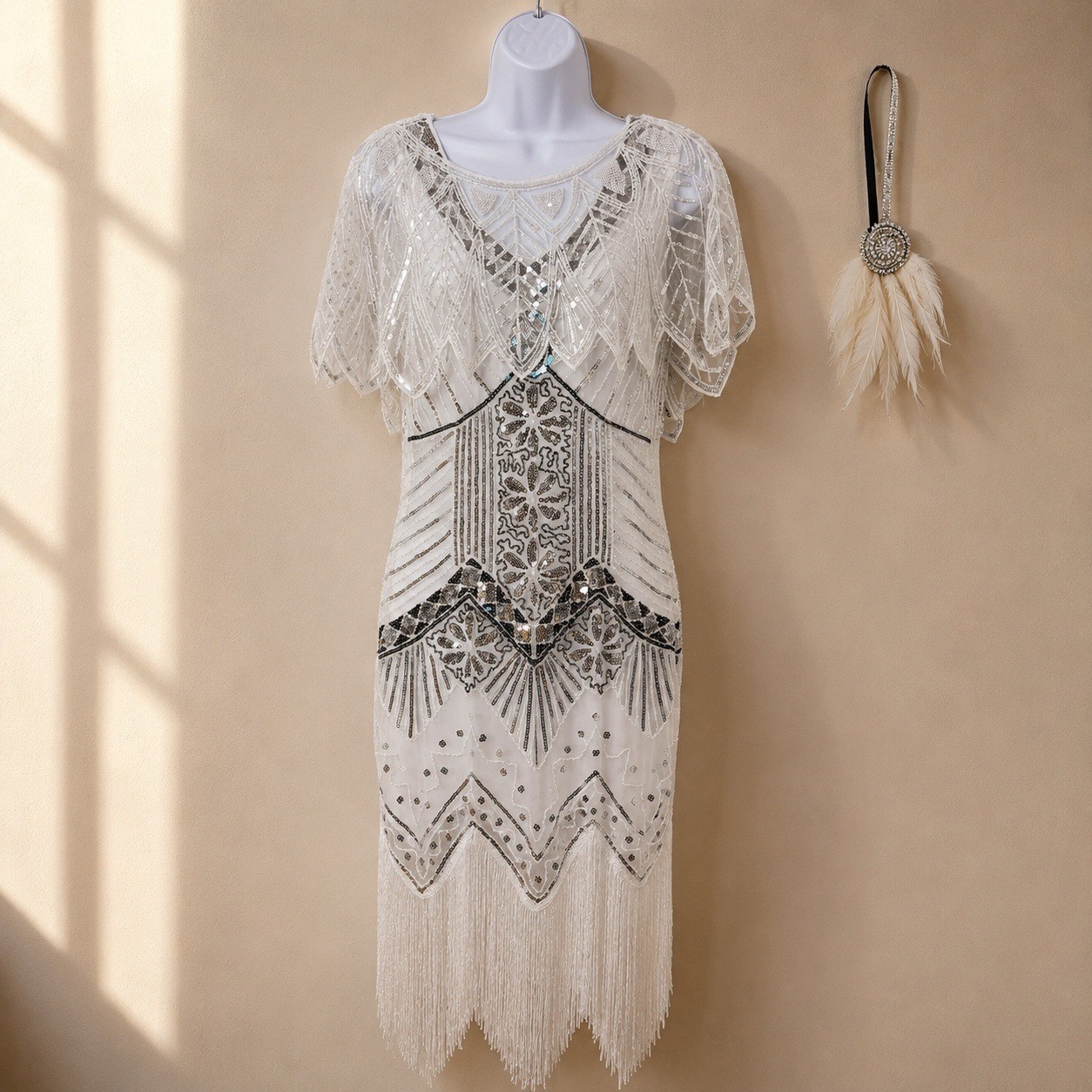 1920s Gatsby Flapper Dress Small Sequin Beaded Fringe Capelet Headpiece Jazz Age