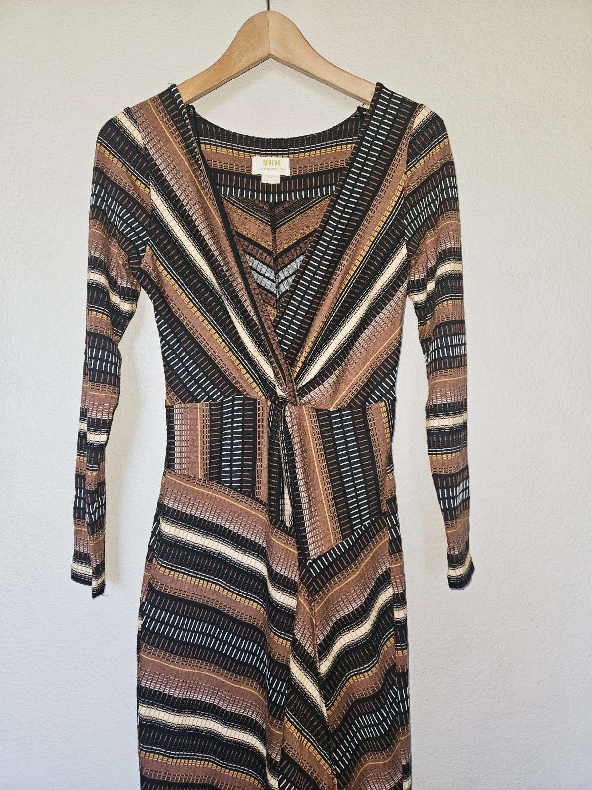 Maeve Striped Wrap Midi Dress XS Textured Brown Black Gold 70s Mod Anthropologie