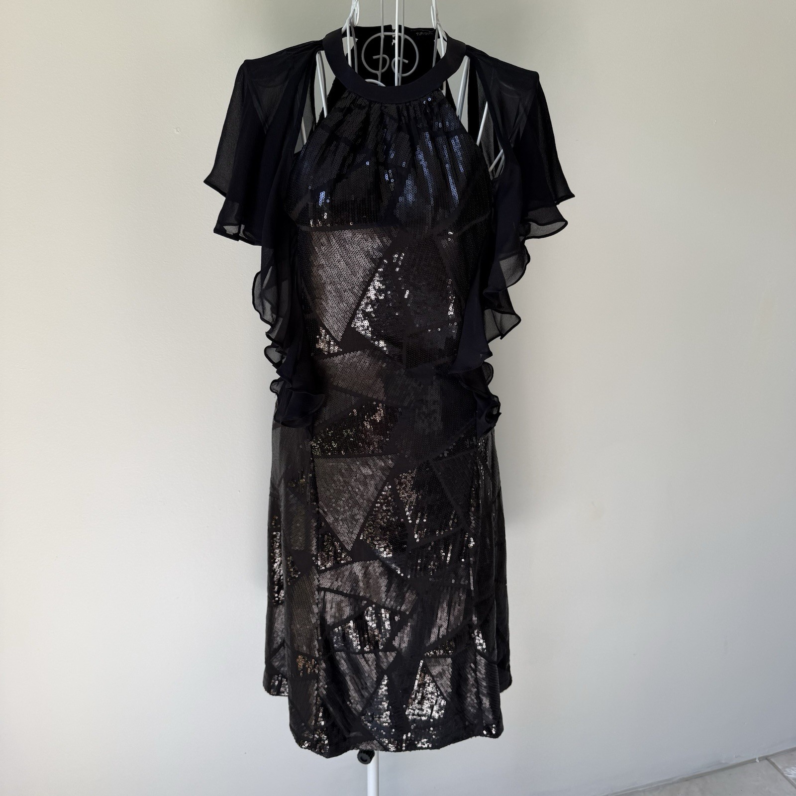 Tufi Duek Black Sequin Dress Silk Ruffle Sleeves Cocktail Party Chic SZ XS